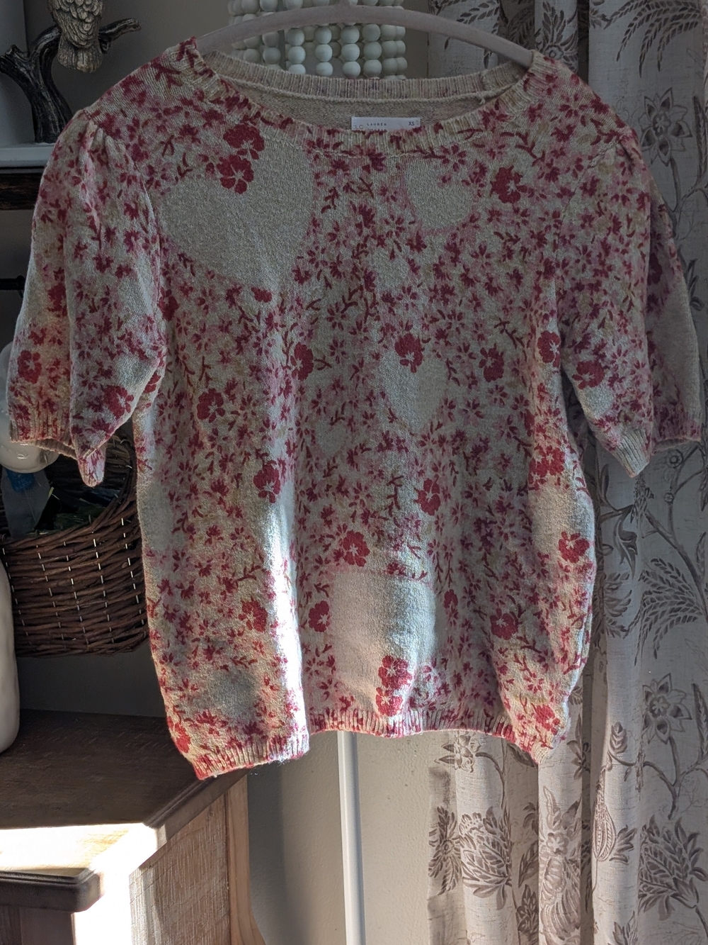 LC Lauren Conrad Cream Sweater Top with Pink Floral & Heart Jacquard